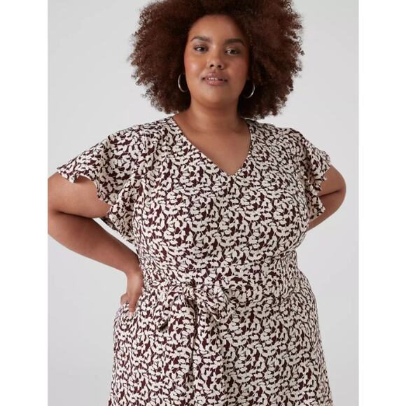 Lane Bryant‎ Lena Dress Plus 20 V-Neck High Low Midi Short Flutter Sleeve Brown - Picture 3 of 12